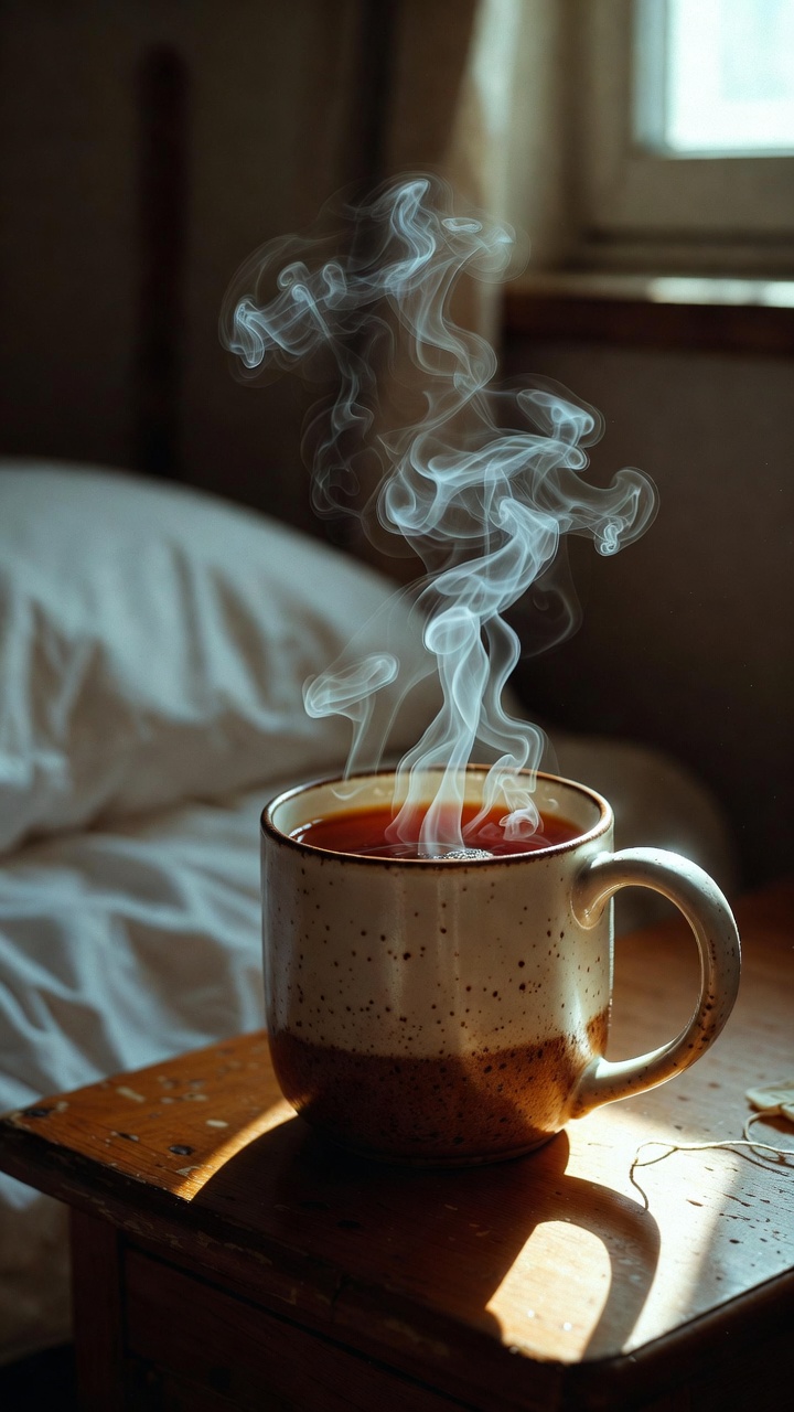 자연광이 들어오는 침실에서 따뜻한 차가 놓인 장면