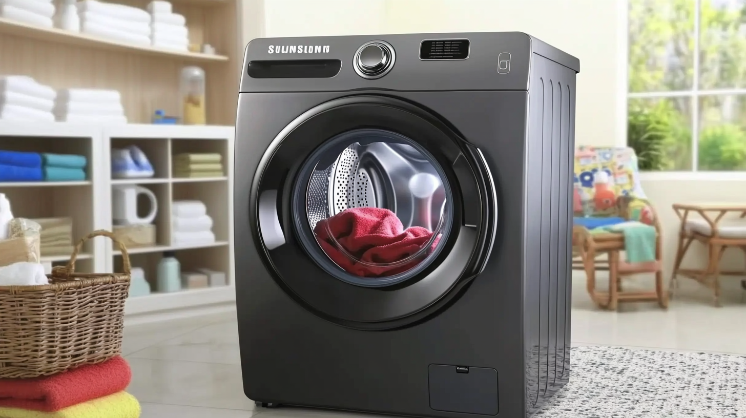 모던한 세탁실에 놓인 세련된 디자인과 첨단 기술을 갖춘 삼성 통돌이 세탁기의 이미지