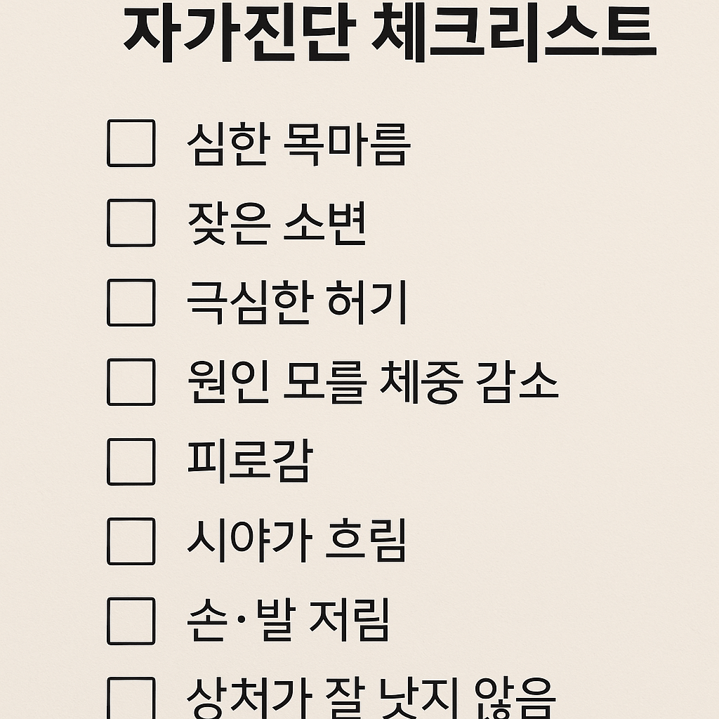 "2형 당뇨병 자가진단 체크리스트를 표현한 한국어 이미지. 체크박스와 함께 주요 증상인 심한 목마름, 잦은 소변, 극심한 허기, 체중 감소, 피로감, 시야 흐림, 손발 저림, 상처 치유 지연 등이 깔끔하게 정렬되어 있음