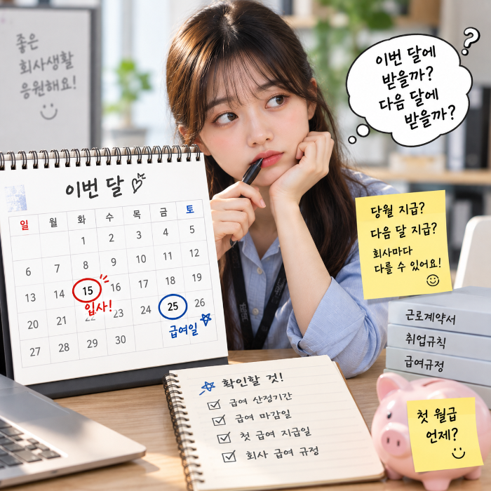 15일 중도입사 후 25일 급여일에 첫 월급을 바로 받을 수 있는지 급여 산정기간과 마감일을 확인하는 직장인 이미지