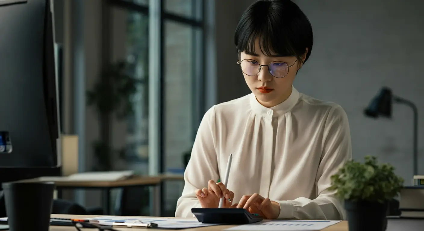 계산기를 사용하는 여성