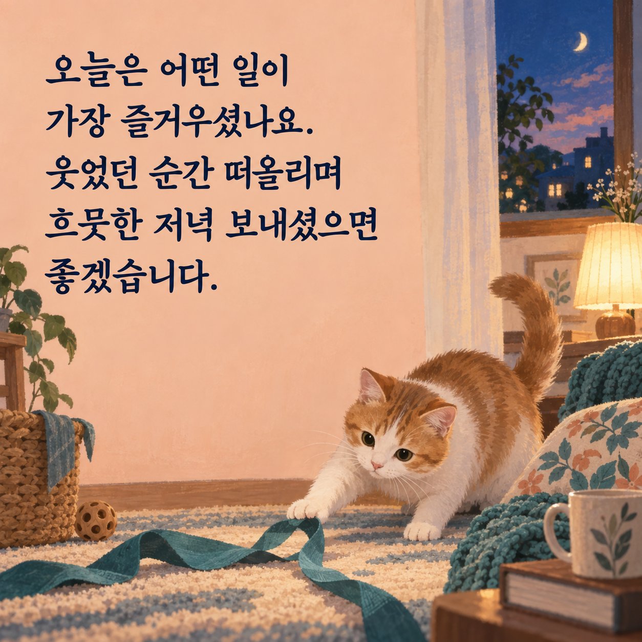 행복한 저녁 인사 이미지 4 — 오늘은 어떤 일이 가장 즐거우셨나요. 웃었던 순간 떠올리며 흐뭇한 저녁 보내셨으면 좋겠습니다.