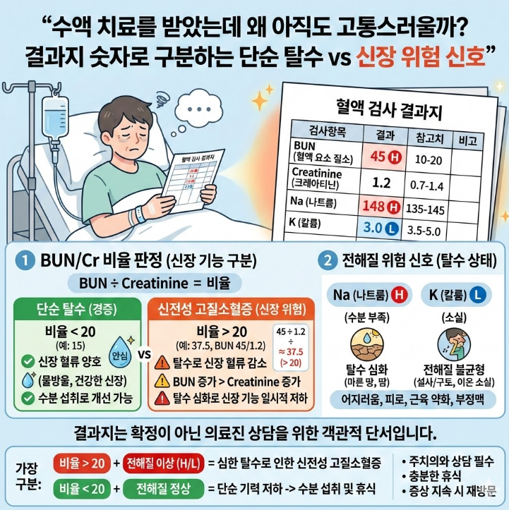 수액 치료 후에도 지속되는 고통을 결과지 숫자로 구분하는 단순 탈수와 신장 위험 신호 인포그래픽