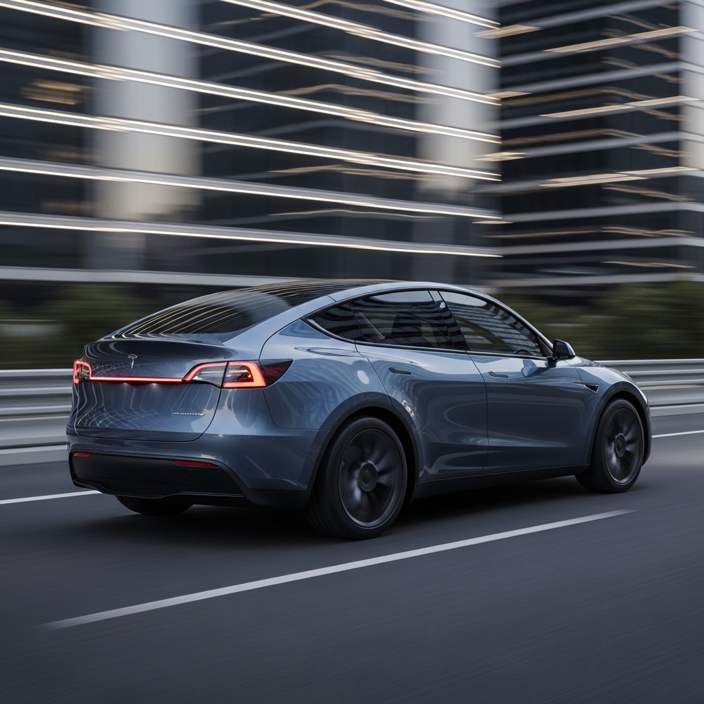 2025년형 테슬라 모델 Y 주니퍼가 도심 도로를 주행하는 모습