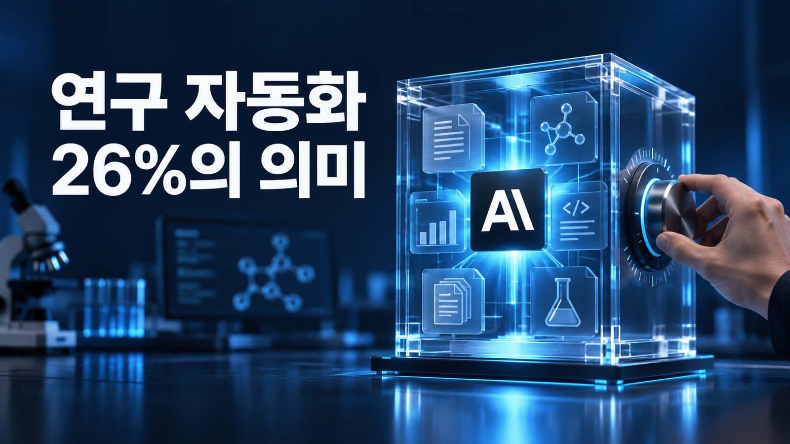 사람의 감독 다이얼이 연결된 연구 큐브와 연구 자동화 26%의 의미 제목