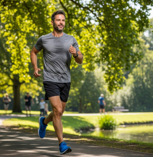 40대 남성이 공원에서 조깅하며 건강을 관리하는 모습