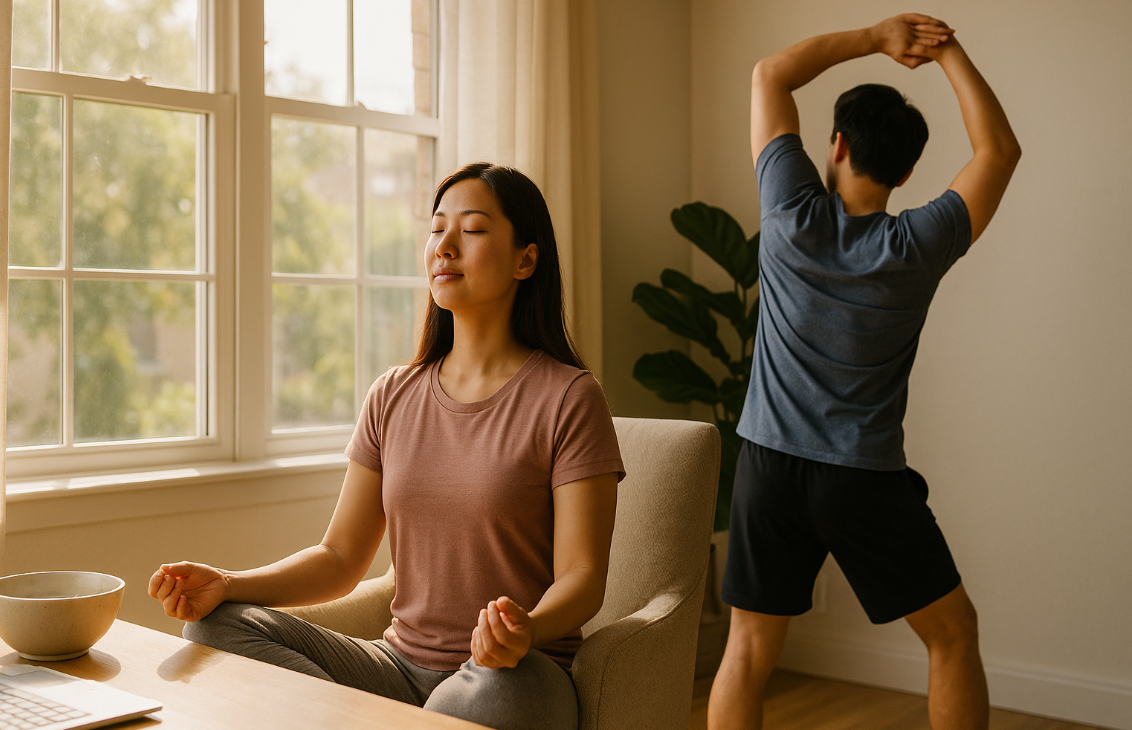 명상 및 스트레칭하는 모습