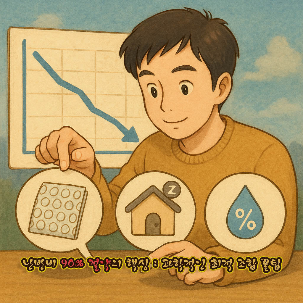 난방비 절약 아이콘(에어캡, 외출 모드, 습도)과 하락하는 그래프를 가리키는 남성 일러스트.