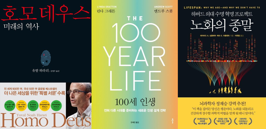 노화의 종말, 호모데우스, 100세인생 표지