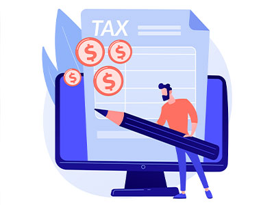 컴퓨터 앞에서 세금 환급을 신청하는 사람의 일러스트