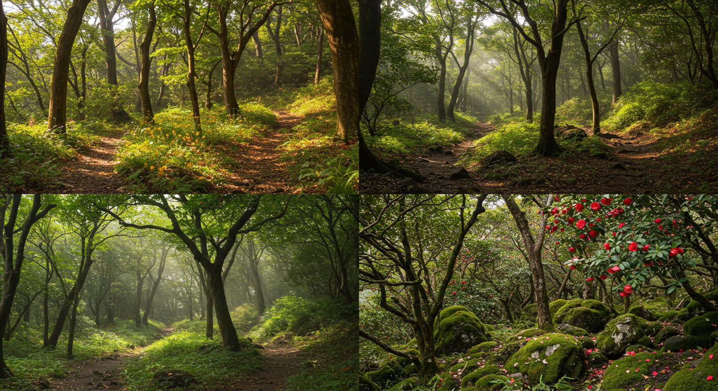 제주의 사계절 생태숲 풍경: 봄 야생화, 여름 숲, 가을 햇살, 겨울 동백꽃