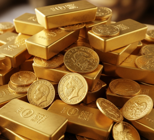 금괴와금화가 쌓여 있는 이미지