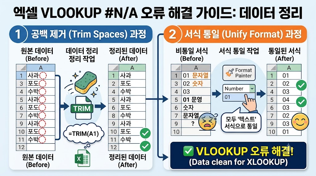 엑셀 VLOOKUP 오류 원인인 공백 제거 및 서식 통일 과정을 보여주는 설명 이미지