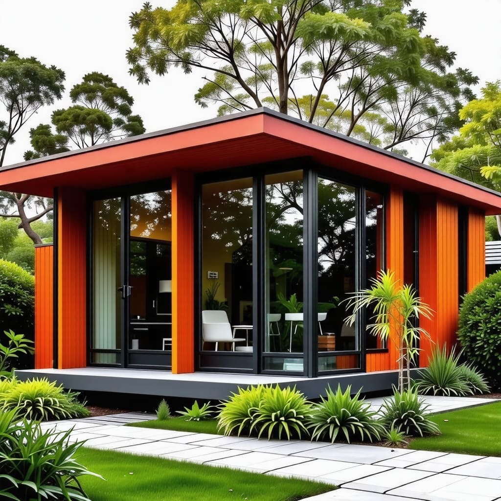 현대적인 디자인과 효율적인 공간 활용이 돋보이는 모듈러 주택의 외관. 다양한 색상과 재료를 사용하여 개성을 표현