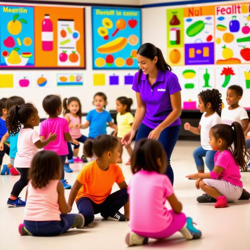 어린이 건강 프로그램: 어린이들이 보건소에서 건강 관련 활동을 하는 모습, 즐거운 표정을 짓고 있는 장면