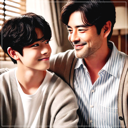 웃음짓는 아버지와 아들.