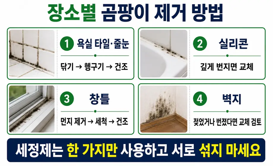 욕실 타일 줄눈 실리콘 창틀 벽지 곰팡이 제거 방법 비교