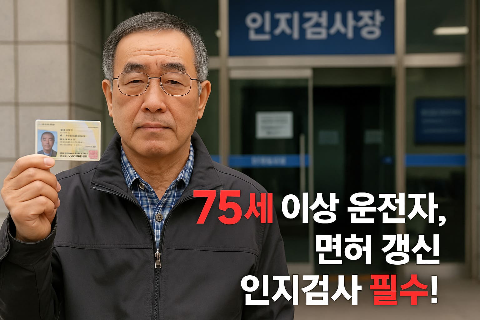 2025년 기준 75세 이상 고령 운전자의 면허 갱신 주의사항 안내 이미지. 인지검사 의무화와 갱신 주기 강조.