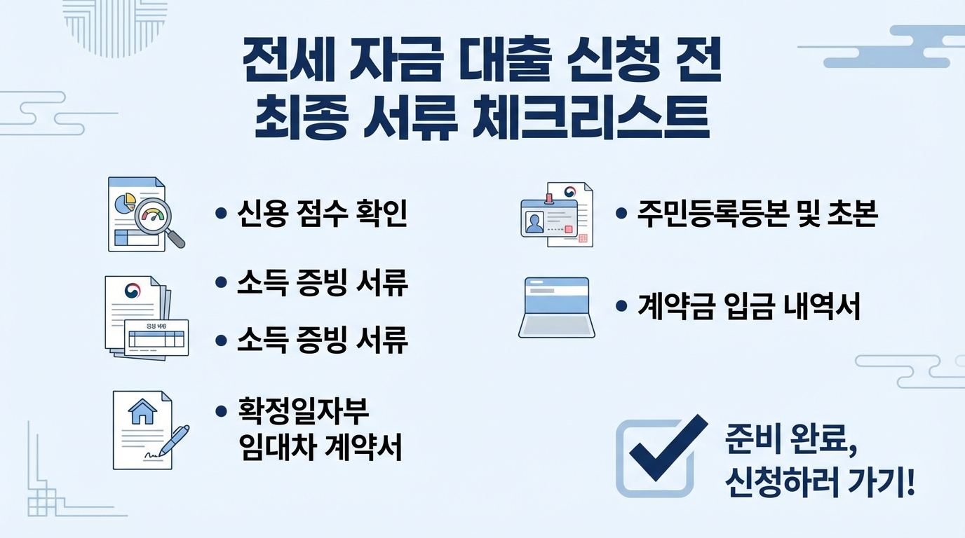 전세 대출 신청 전 확인해야 할 신용점수, 소득 증빙 서류 등 최종 체크리스트 이미지