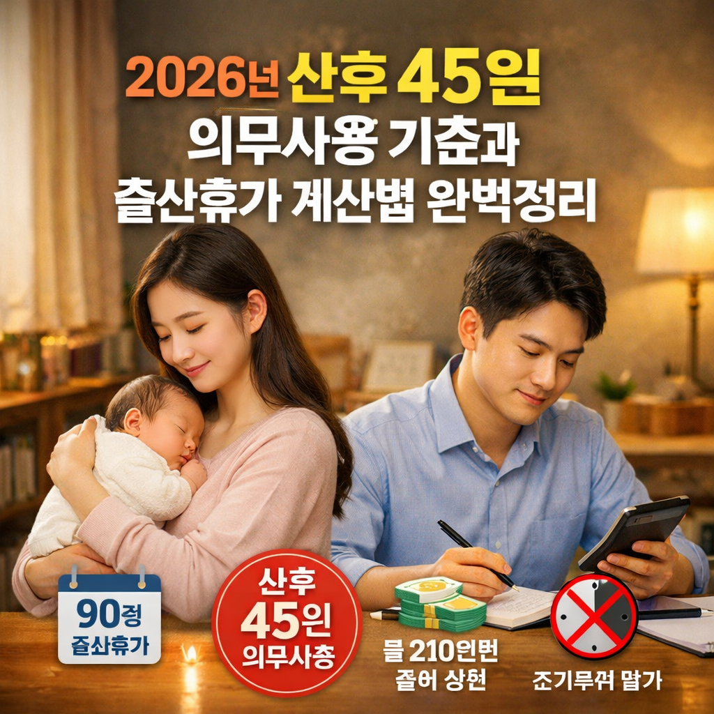 2026년 산후 45일 의무사용 기준과 출산휴가 계산법 완벽정리