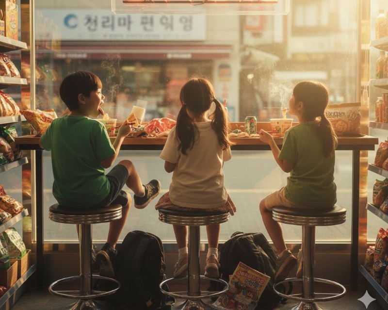 편의점 취식대에서 컵라면 용기를 정리하는 아이들의 뒷모습, "뒷정리 교육은 매장의 공기를 바꿉니다"