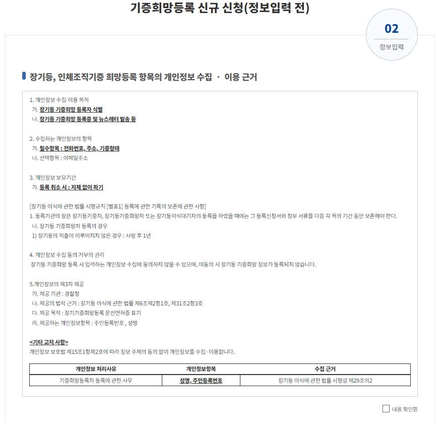 개인정보 수집 및 이용 약관 내용을 확인하고 동의하는 절차