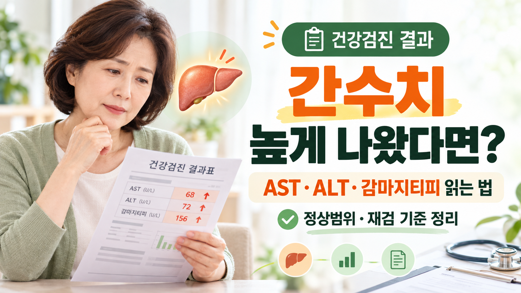 연두색 가디건을 입은 중년 여성이 건강검진 결과표를 들고 고민하는 모습의 인스타 카드뉴스 표지. 화면에는 &ldquo;건강검진 결과 간수치 높게 나왔다면? AST&middot;ALT&middot;감마지티피 읽는 법&rdquo;이라는 문구가 크게 들어가 있고, 간 그림과 &ldquo;정상범위, 원인, 재검 기준&rdquo; 아이콘이 함께 배치되어 있다