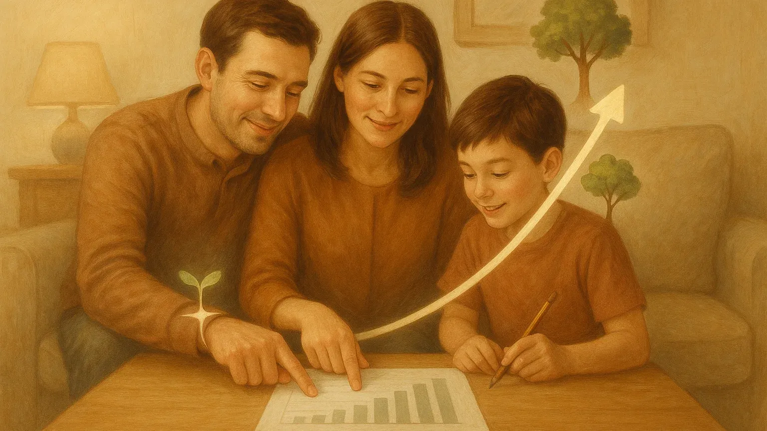 자녀와 부모가 함께 보는 투자 계획서와 성장하는 그래프가 담긴 따뜻한 이미지