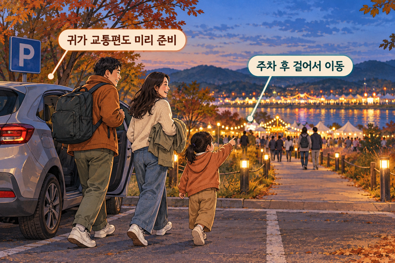 차를 세우고 가족과 걸어서 축제장으로 이동하는 저녁 나들이