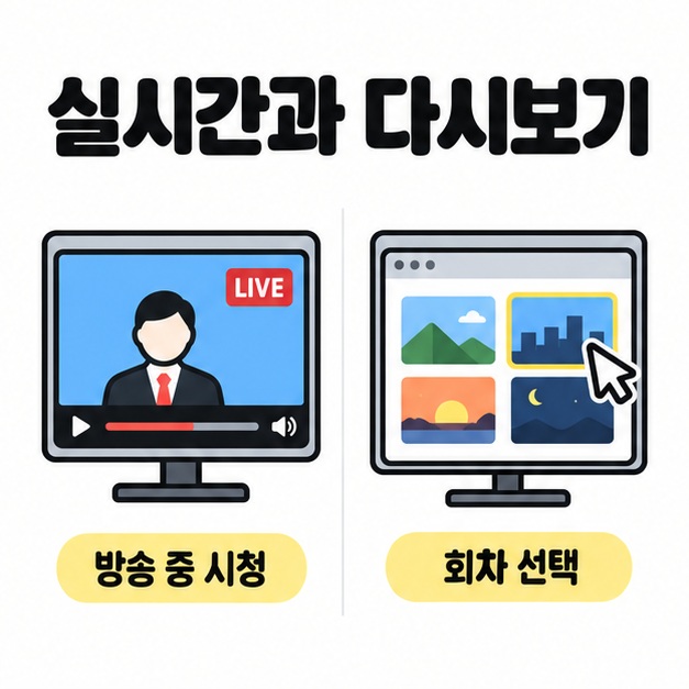 방송 중인 실시간 시청과 회차를 선택하는 다시보기를 나란히 비교한 도식