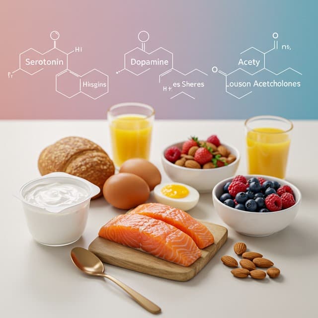 기분·집중을 돕는 핵심 식품과 신경전달물질 아이콘