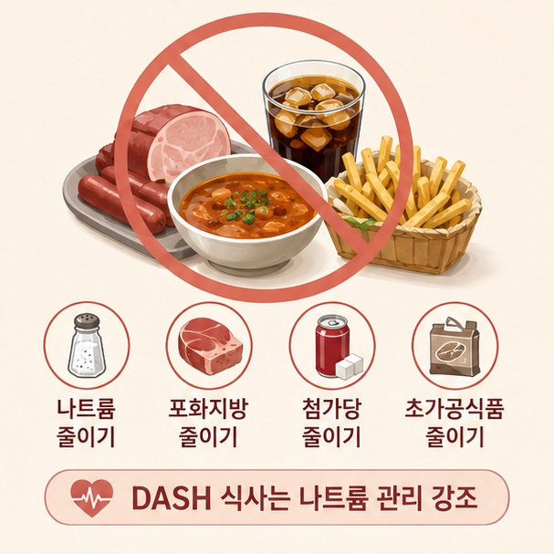 가공육과 짠 국물, 단 음료와 튀김을 줄여 나트륨과 포화지방, 첨가당과 초가공식품 섭취를 낮추는 식사 방법을 보여 주는 그림