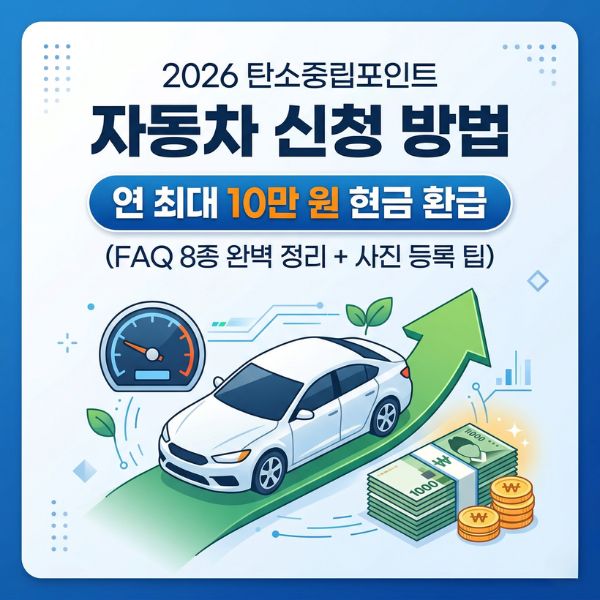 2026 탄소중립포인트 자동차 분야 신청 방법 및 연간 최대 10만 원 현금 환급 혜택 안내 썸네일. 주행거리 감축량에 따른 인센티브 지급 기준표와 필수 사진 등록 절차를 담은 실무 지침서 이미지.