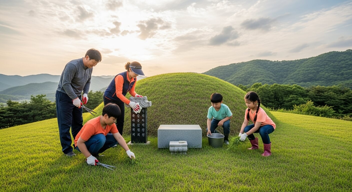 가족이 봉분 묘지 주변의 풀을 제거하며 벌초하는 장면