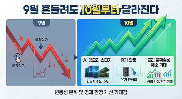 9월 하락 후 10월 반등을 나타내는 경제 전망 인포그래픽.