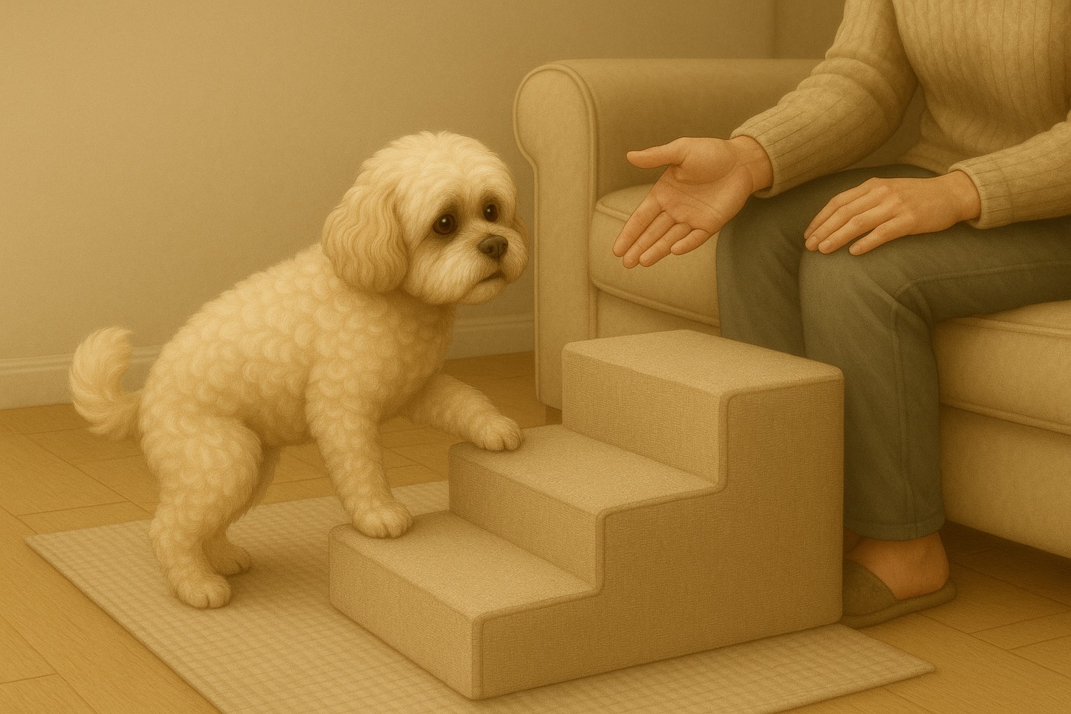 노령견이 다리가 불편해 낮은 스텝을 이용해 보호자의 도움을 받으며 소파로 오르고 있는 모습