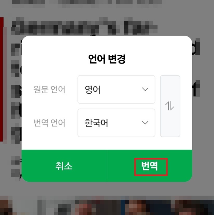 원문 언어와 번역 언어 선택 창 보임