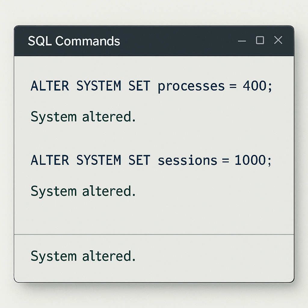 Oracle database parameter configuration interface showing processes and sessions parameter adjustment for ORA-12519 resolution