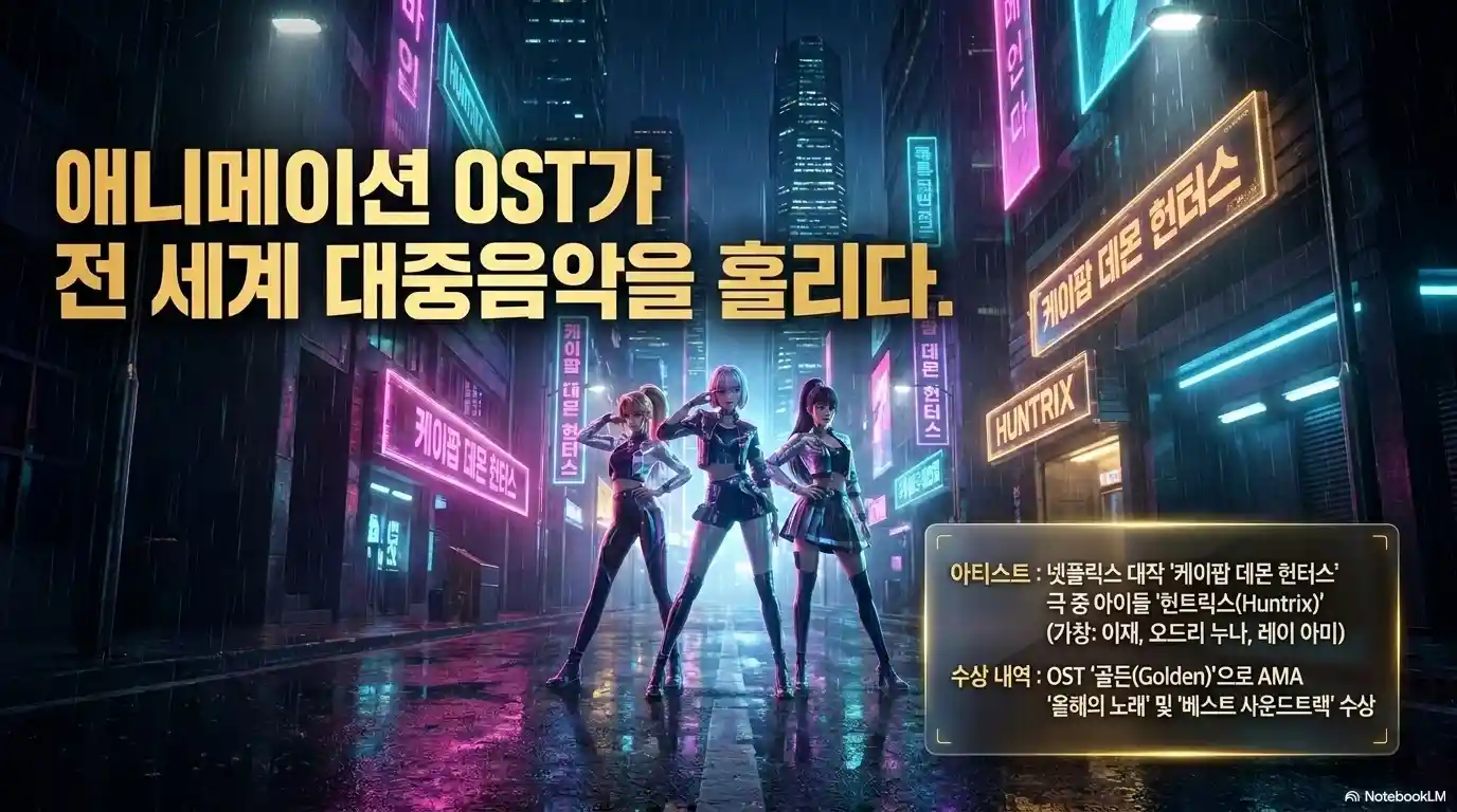 넷플릭스 케이팝 데몬 헌터스 극 중 걸그룹 헌트릭스 사이버펑크 배경 - AMA 골든 이재 오드리누나 레이아미 가창