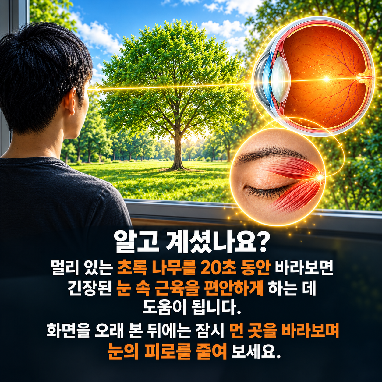 초록색 나무를 바라보며 모양체근의 긴장을 푸는 원리 및 20-20-20 규칙