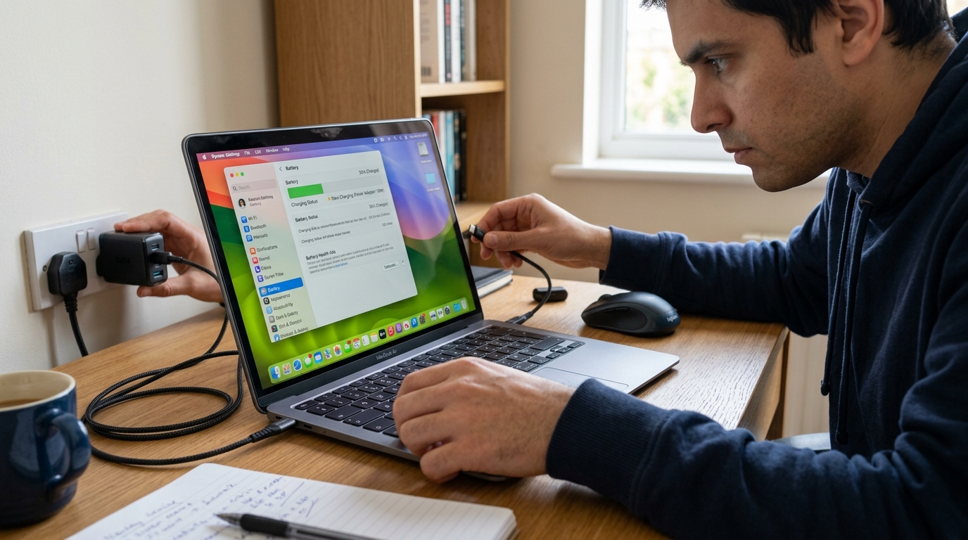 노트북 충전기와 USB-C 케이블, 배터리 설정을 점검하는 장면