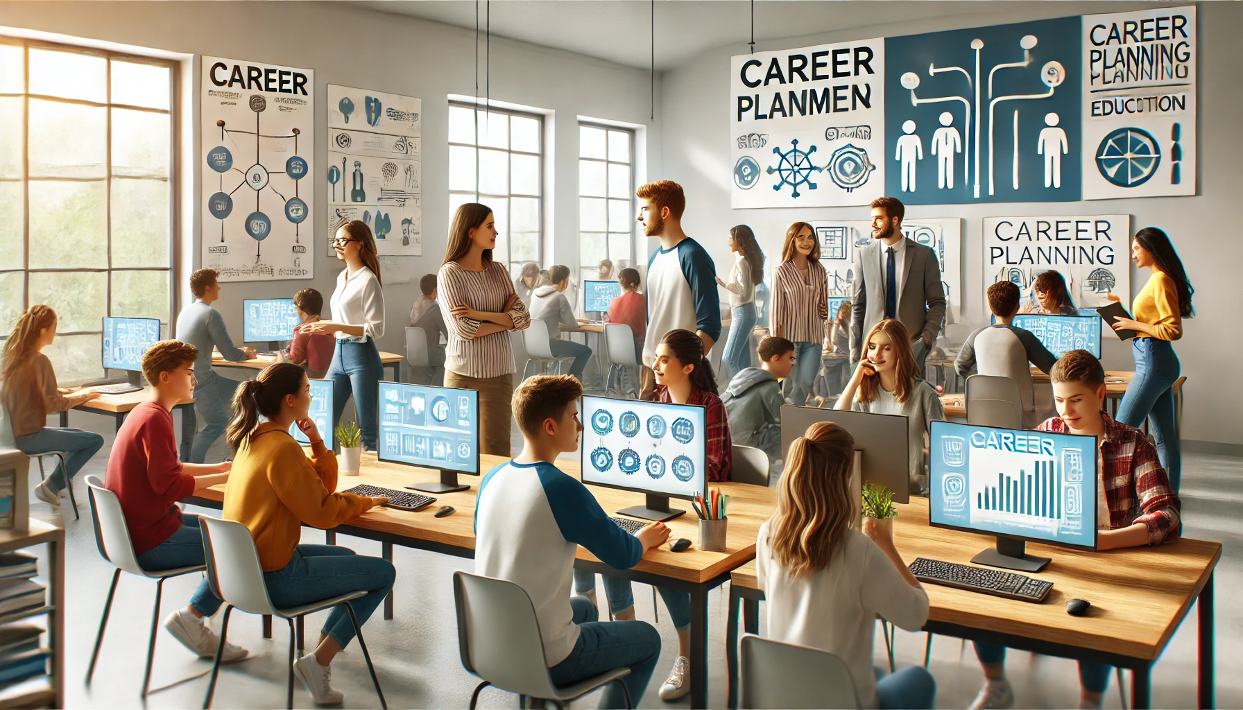 학생들이 진로 탐색 활동을 하는 모습의 이미지