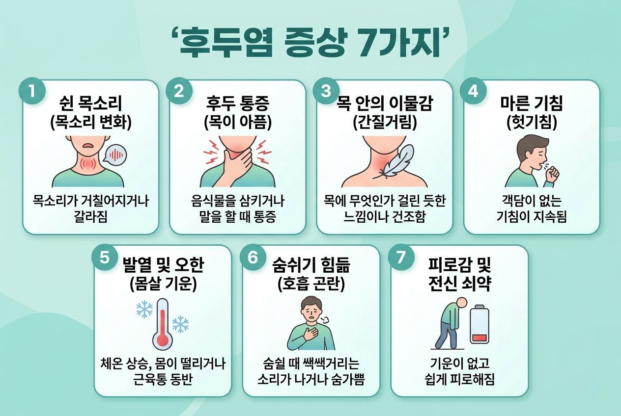 이 이미지는 '후두염 증상 7가지'를 설명하는 건강 인포그래픽입니다. 상단에는 '후두염 증상 7가지'라는 제목과 함께 목 부위 그림과 의료 십자가 로고가 있습니다. 그 아래로 7개의 사각형 칸이 번호순대로 나열되어 있으며, 각 칸은 특정 증상에 대한 제목, 아이콘, 그리고 자세한 설명을 담고 있습니다.