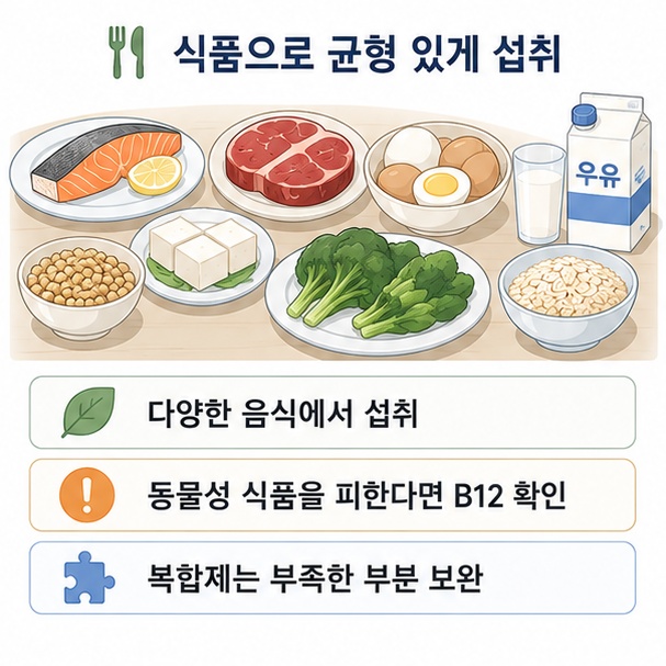 생선과 육류, 달걀, 우유, 콩, 녹색 채소, 곡류처럼 비타민 B군을 섭취할 수 있는 다양한 음식을 보여 주는 그림