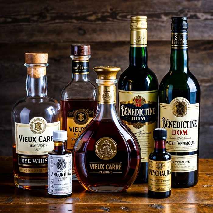 뷰 카레 재료 - 라이 위스키, 코냑, 베네딕틴, 스위트 베르무트와 비터스