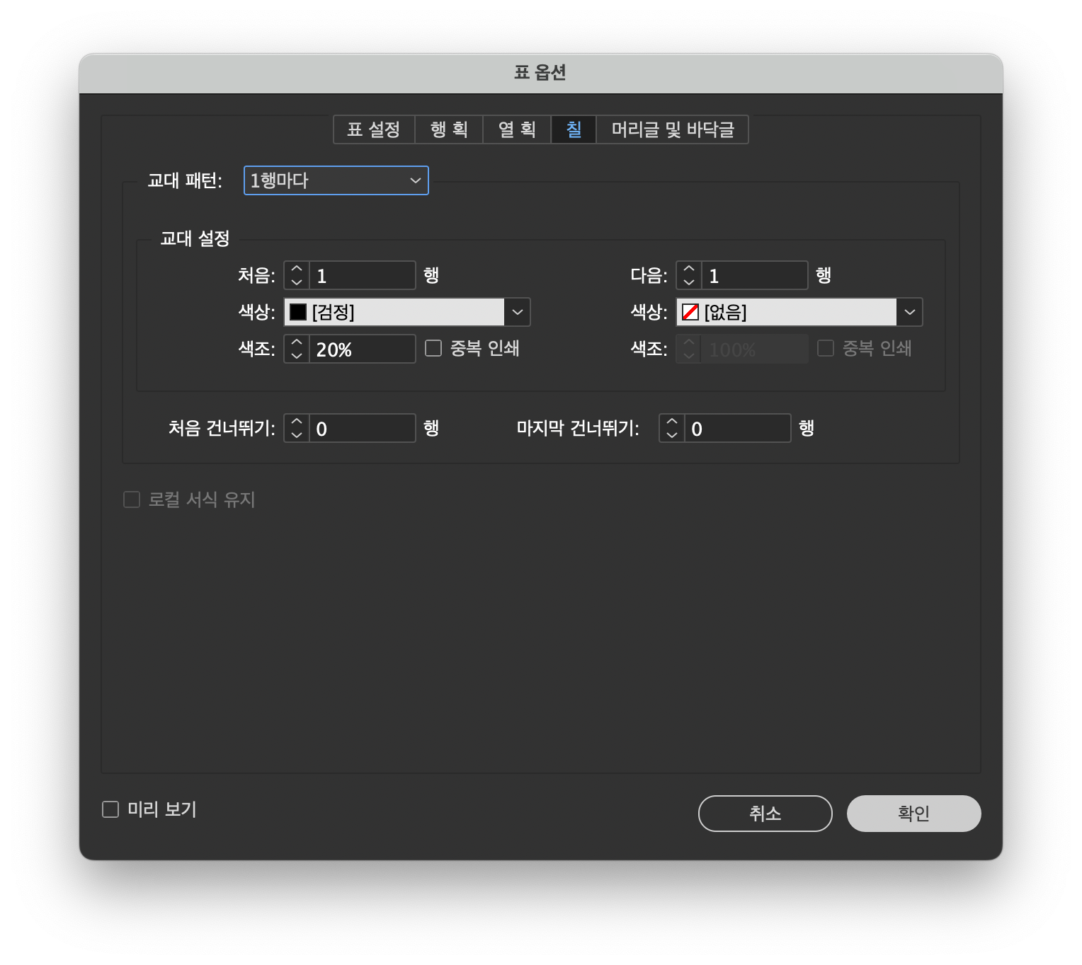 어도비 인디자인 표 편집하기 위한 표 옵션 셀 옵션