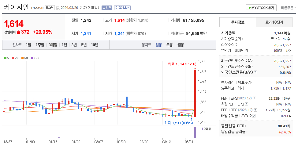 케이사인 일봉차트
