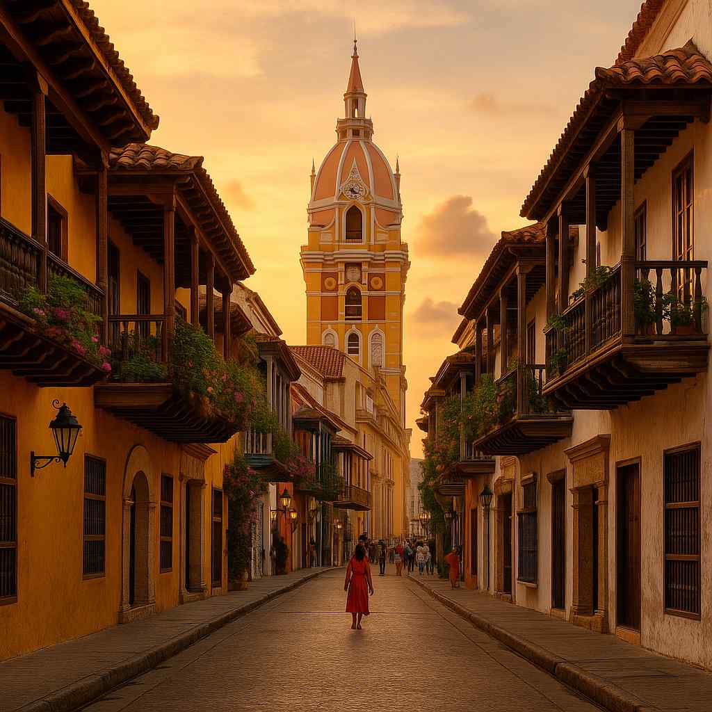 카르타헤나 구시가지의 석양 거리와 종탑, 식민지 시대의 건물과 나무 발코니가 어우러진 풍경