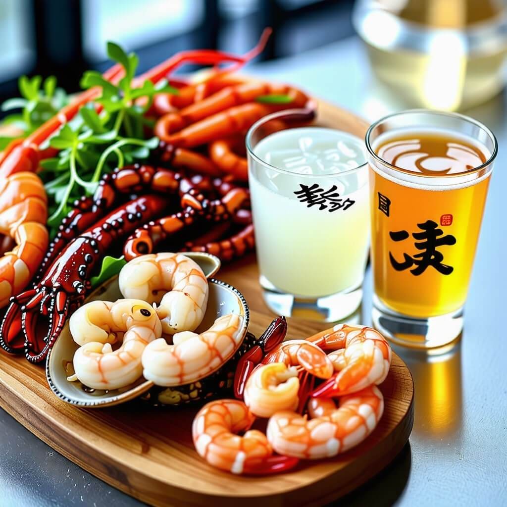 해산물과 전통주 페어링을 보여주는 음식 사진