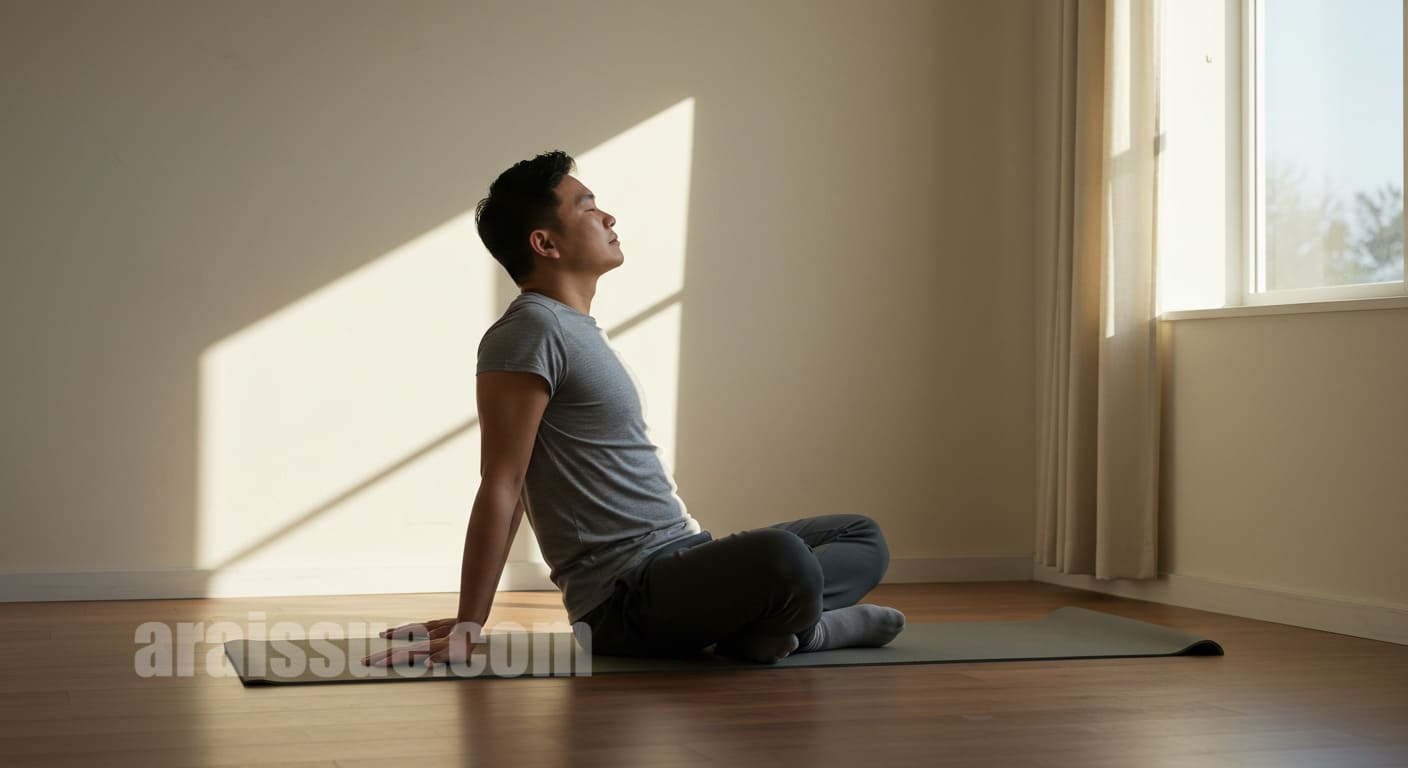 호흡 명상으로 하루를 시작하는 중년 남성